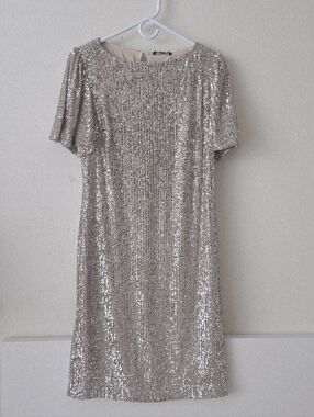 NWT Hilary Radley Sequin Cocktail Dress Champagne Short Sleeve